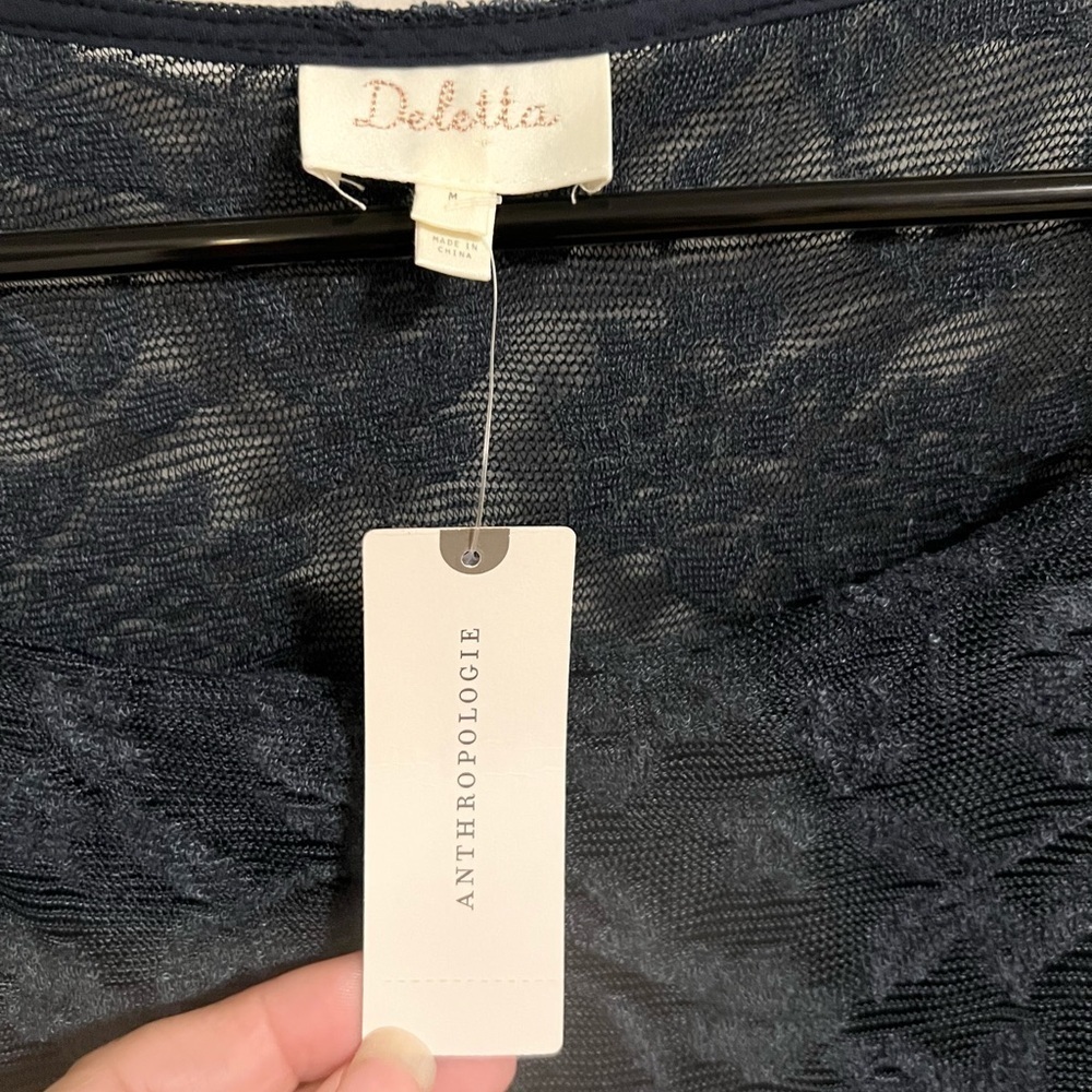 NWT Anthropologie Deletta Navy Blue Loretta Knit Lace Mesh Sheer Banded Hem Top - Picture 4 of 10